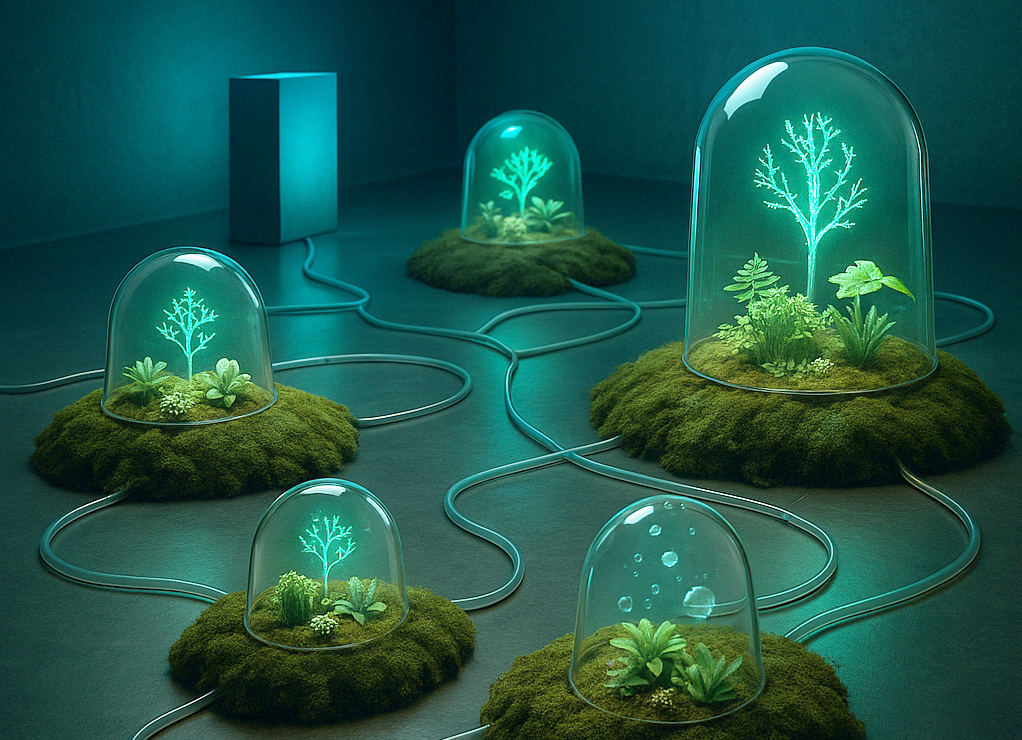 Back of a man at a concert. Hes wearing a beanie hat and a baggy denim jacket with studs. Photo with a purple hue